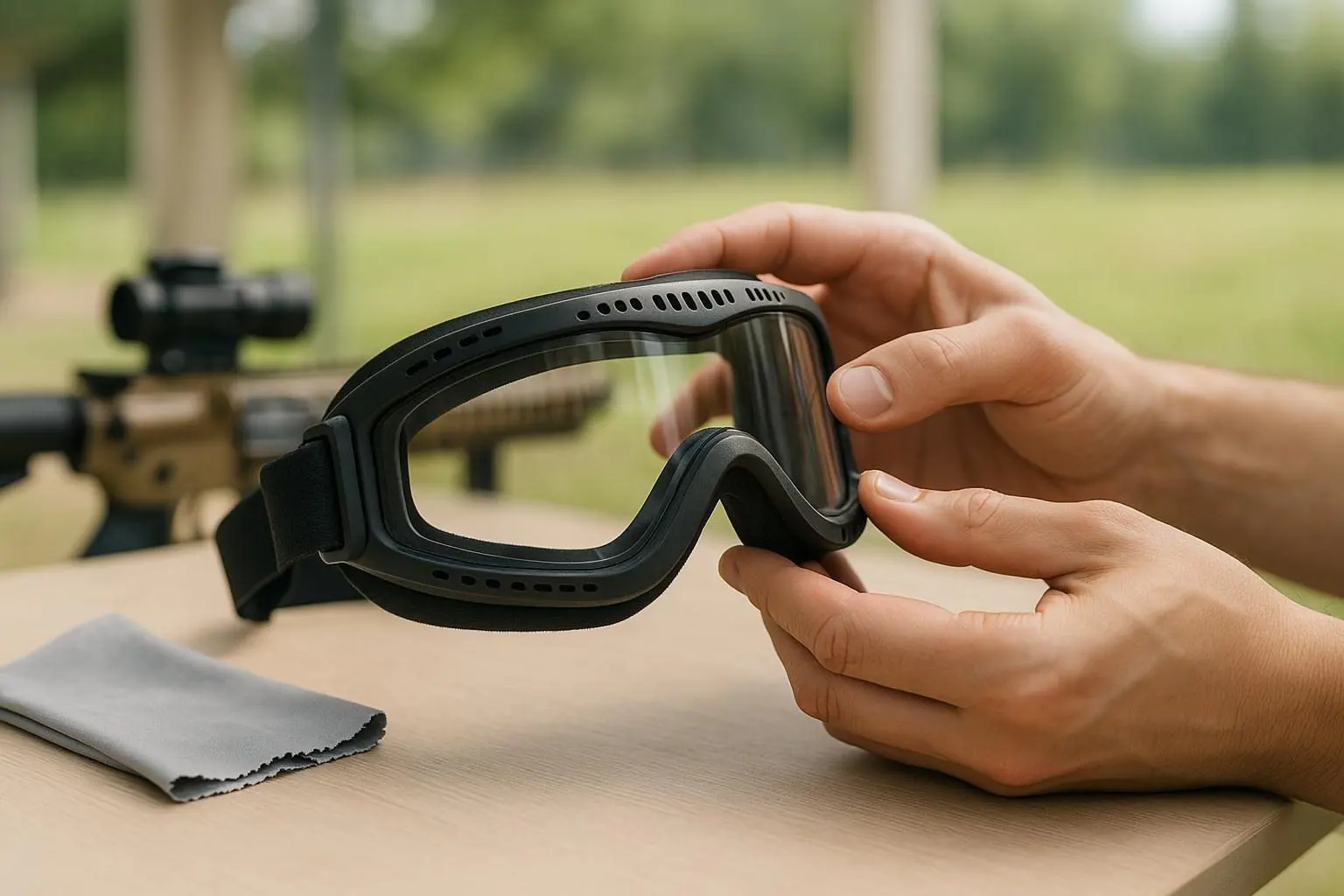 Player cleaning full-seal airsoft goggles on a workshop bench